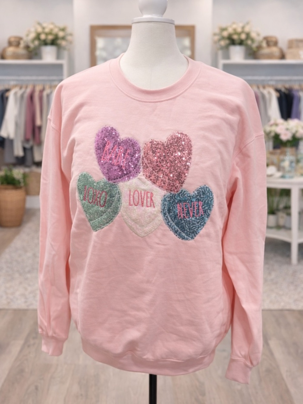 Boutique Pink Sequin Heart Sweatshirt Large NWOT Valentine XOXO